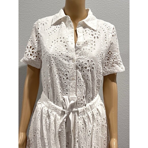 ZARA White Embroidered Eyelet Midi Shirt Dress Pockets Overlay Skirt Sz Medium - Picture 5 of 15